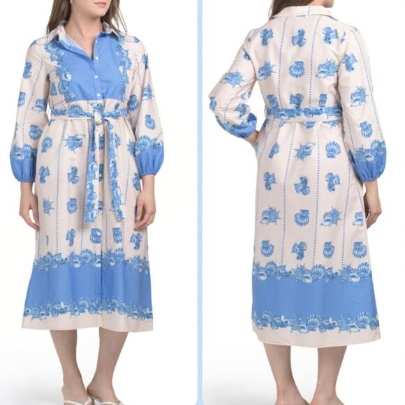 CELINA MOON Dresses & Skirts - NWT Celina Moon x Anthropologie Shell Print Tie Waist Midi Shirt Dress - Size S